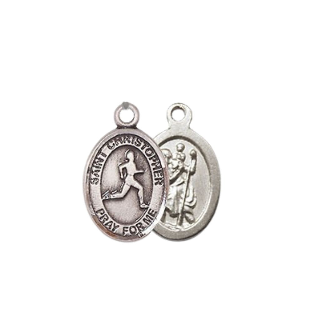 Small Sized Women's .925 Sterling Silver Saint St. Christopher Track&Field Medal Pendant on 18 Inch Rhodium Plated Lite Curb Brass Chain w/ Lobster Claw Clasp, Catholic Religious Necklace - Made in USA- Velvet Gift Box