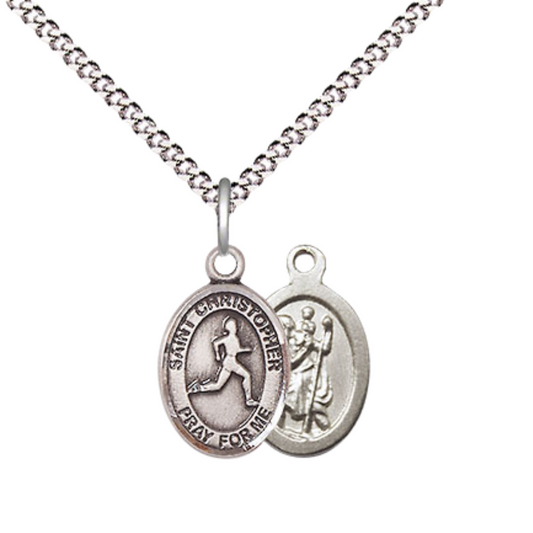 Small Sized Women's Pewter Saint Christopher Track&Field Medal Pendant on 18 Inch Rhodium Plated Lite Curb Brass Chain with Lobster Claw Clasp, Catholic Religious Necklace - Made in USA- Velvet Gift Box