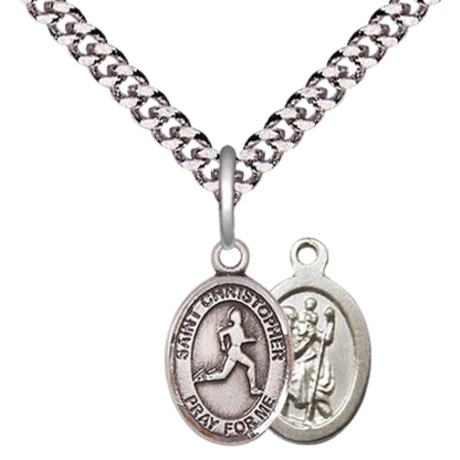 Small Sized Men's Pewter Saint St. Christopher Track&Field Medal Pendant on 24 Inch Endless Rhodium Plated Heavy Curb Brass Chain, Catholic Religious Necklace - Made in USA- Deluxe Velvet Gift Box