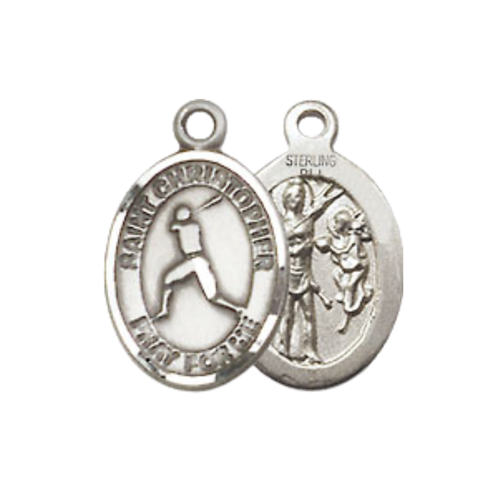 Small Sized Women's Pewter Saint St. Christopher Baseball Medal Pendant on 18 Inch Rhodium Plated Lite Curb Brass Chain with Lobster Claw Clasp, Catholic Religious Necklace - Made in USA- Velvet Gift Box