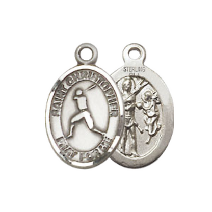 Small Sized Women's Pewter Saint St. Christopher Baseball Medal Pendant on 18 Inch Rhodium Plated Lite Curb Brass Chain with Lobster Claw Clasp, Catholic Religious Necklace - Made in USA- Velvet Gift Box
