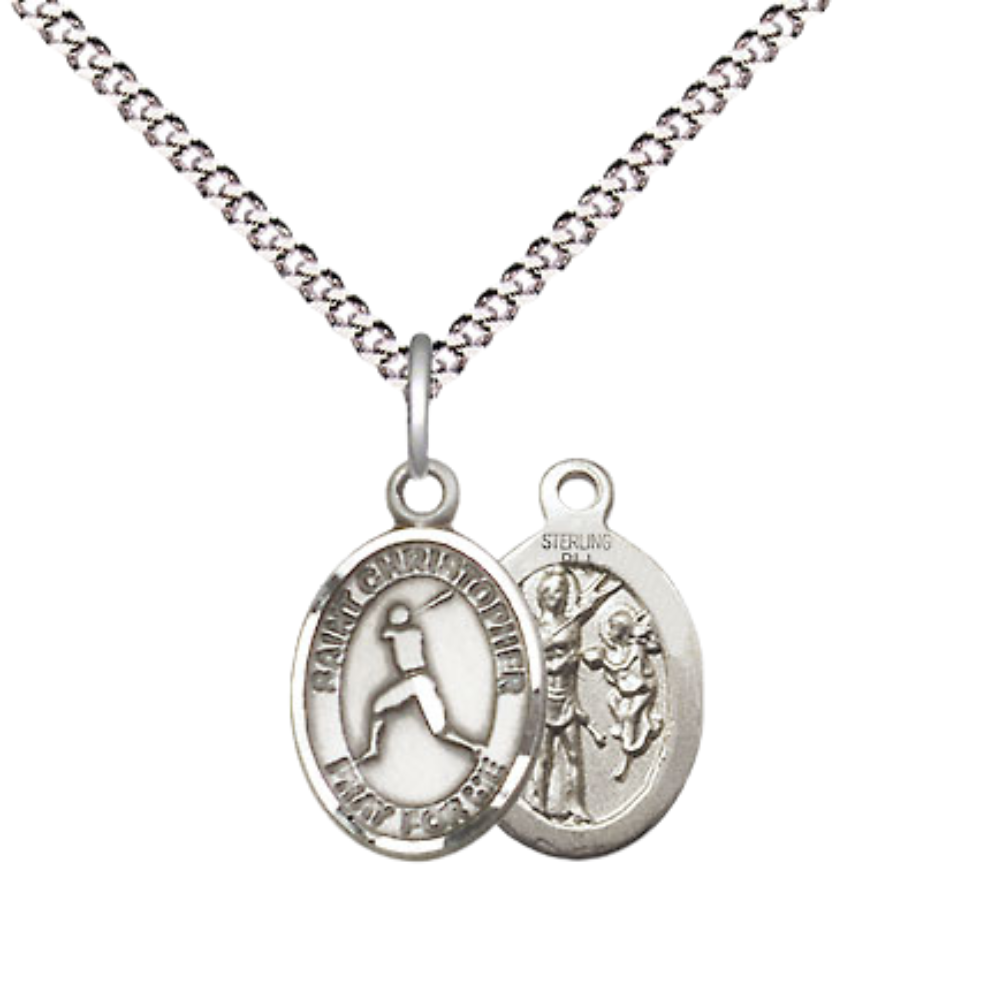 Small Sized Women's Pewter Saint St. Christopher Baseball Medal Pendant on 18 Inch Rhodium Plated Lite Curb Brass Chain with Lobster Claw Clasp, Catholic Religious Necklace - Made in USA- Velvet Gift Box