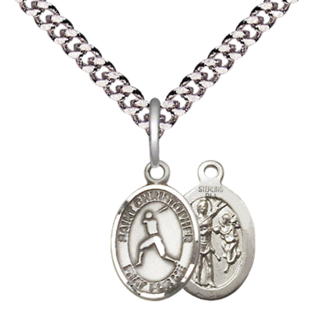 Small Sized Men's Pewter Saint St. Christopher Baseball Medal Pendant on 24 Inch Endless Rhodium Plated Heavy Curb Brass Chain, Catholic Religious Necklace - Made in USA- Deluxe Velvet Gift Box