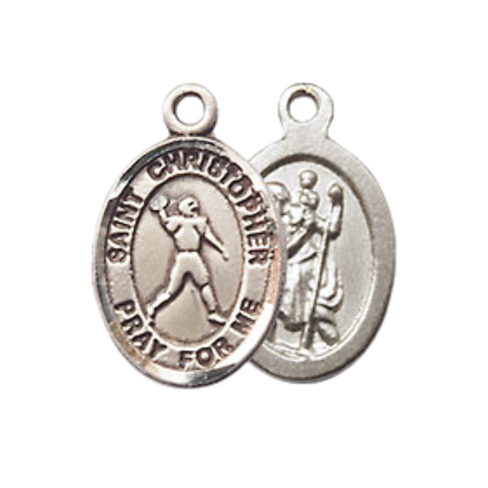Small Sized Women's .925 Sterling Silver Saint St. Christopher Football Medal Pendant on 18 Inch Rhodium Plated Lite Curb Brass Chain w/ Lobster Claw Clasp, Catholic Religious Necklace - Made in USA- Velvet Gift Box