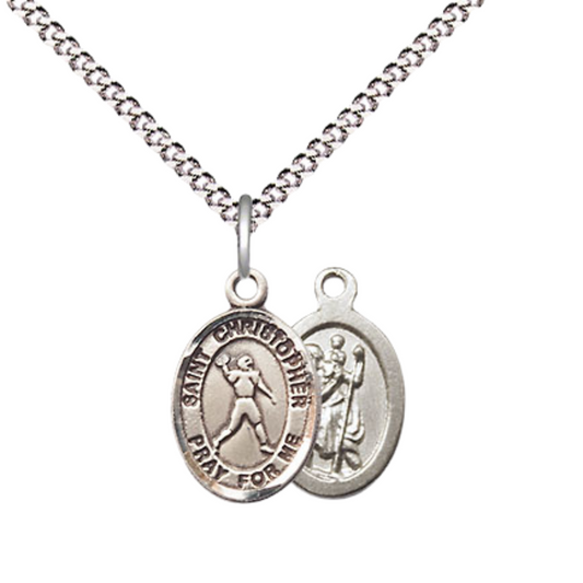 Small Sized Women's Pewter Saint St. Christopher Football Medal Pendant on 18 Inch Rhodium Plated Lite Curb Brass Chain with Lobster Claw Clasp, Catholic Religious Necklace - Made in USA- Velvet Gift Box