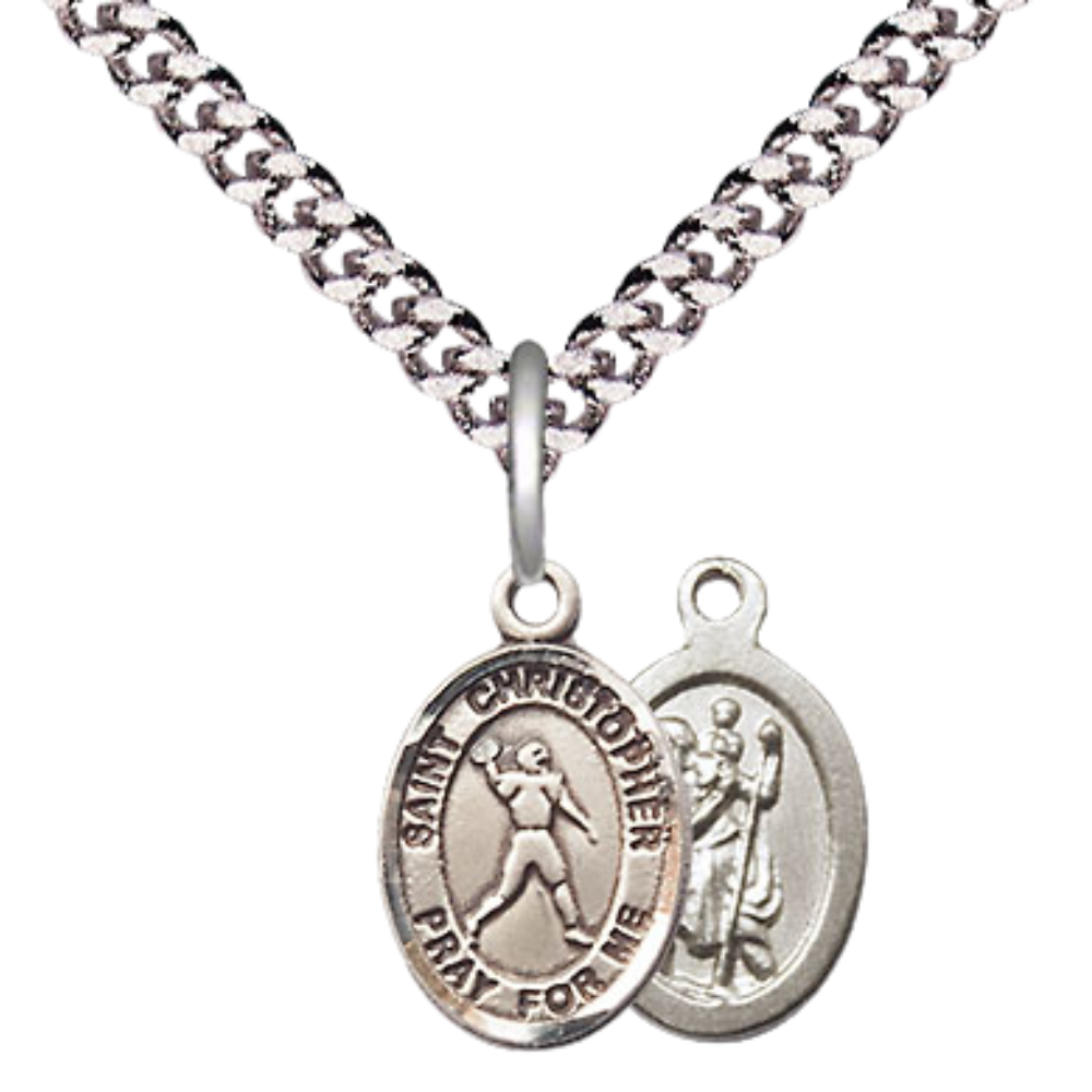 Small Sized Men's Pewter Saint St. Christopher Football Medal Pendant on 24 Inch Endless Rhodium Plated Heavy Curb Brass Chain, Catholic Religious Necklace - Made in USA- Deluxe Velvet Gift Box