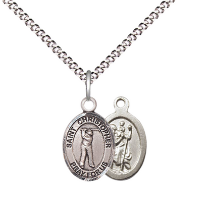 Small Sized Women's Pewter Saint Christopher Golf Medal Pendant on 18 Inch Rhodium Plated Lite Curb Brass Chain with Lobster Claw Clasp, Catholic Religious Necklace - Made in USA- Velvet Gift Box