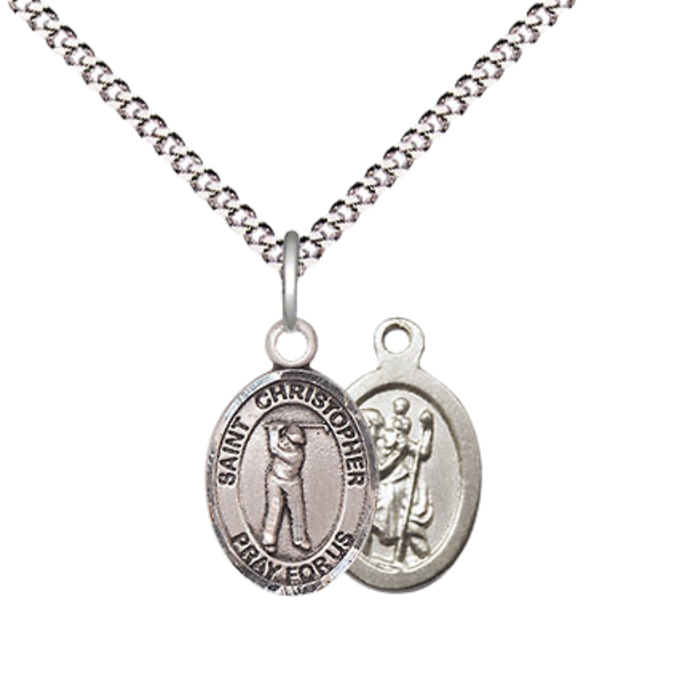 Small Sized Women's Pewter Saint Christopher Golf Medal Pendant on 18 Inch Rhodium Plated Lite Curb Brass Chain with Lobster Claw Clasp, Catholic Religious Necklace - Made in USA- Velvet Gift Box