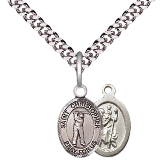 Small Sized Men's Pewter Saint St. Christopher Golf Medal Pendant on 24 Inch Endless Rhodium Plated Heavy Curb Brass Chain, Catholic Religious Necklace - Made in USA- Deluxe Velvet Gift Box