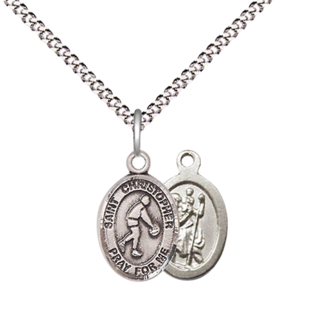 Small Sized Women's Pewter Saint Christopher Basketball Medal Pendant on 18 Inch Rhodium Plated Lite Curb Brass Chain with Lobster Claw Clasp, Catholic Religious Necklace - Made in USA- Velvet Gift Box