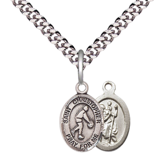 Small Sized Men's Pewter Saint St. Christopher Basketball Medal Pendant on 24 Inch Endless Rhodium Plated Heavy Curb Brass Chain, Catholic Religious Necklace - Made in USA- Deluxe Velvet Gift Box