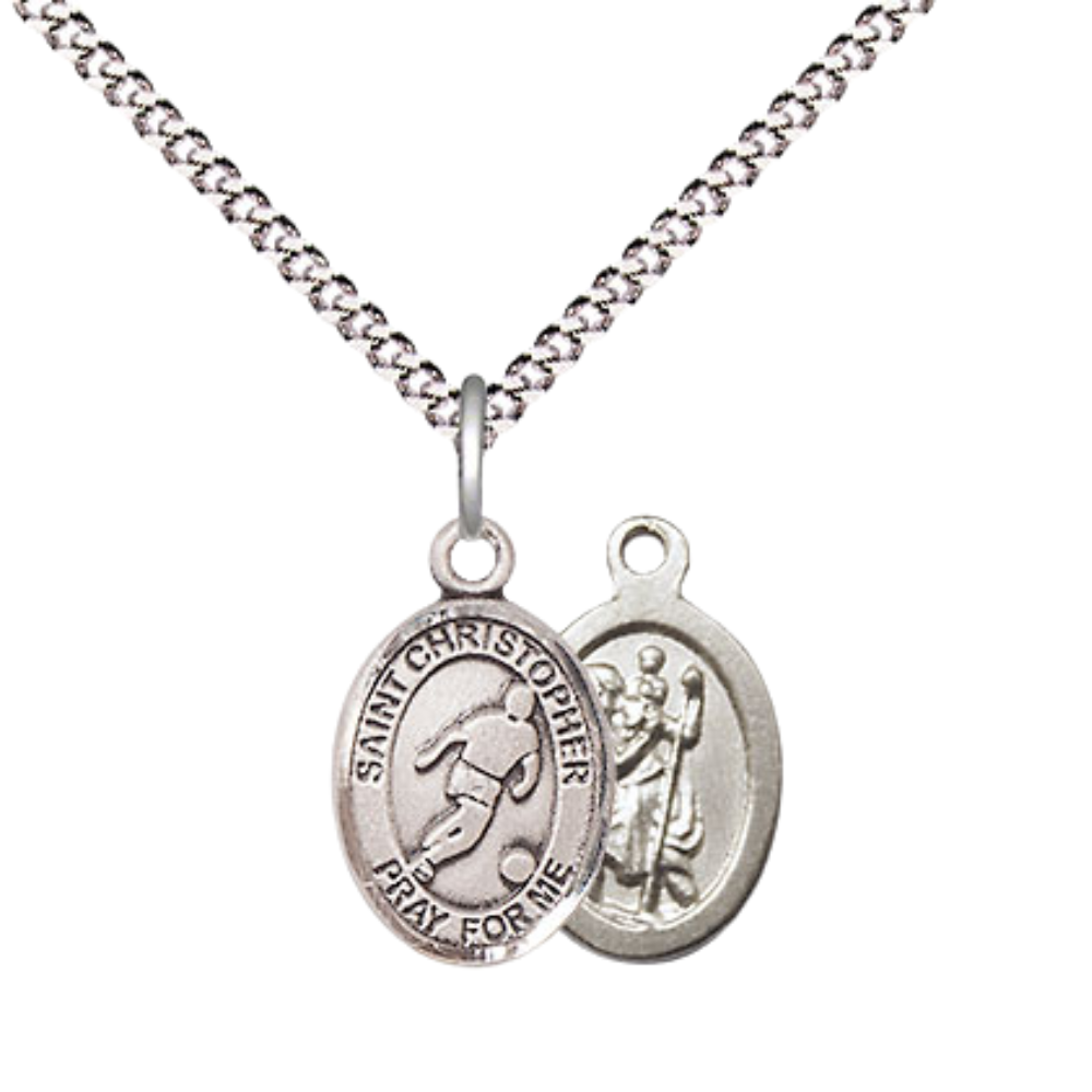Small Sized Women's Pewter Saint St. Christopher Soccer Medal Pendant on 18 Inch Rhodium Plated Lite Curb Brass Chain with Lobster Claw Clasp, Catholic Religious Necklace - Made in USA- Velvet Gift Box