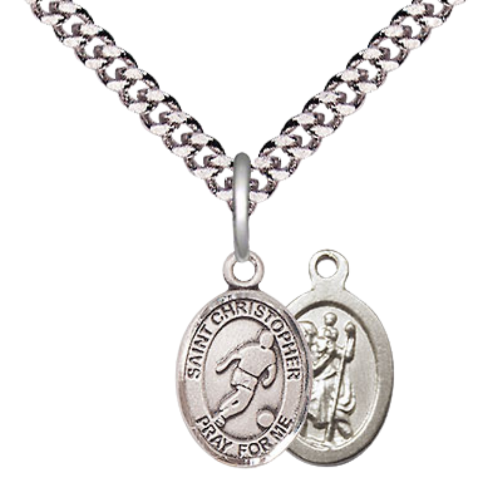 Small Sized Men's Pewter Saint St. Christopher Soccer Medal Pendant on 24 Inch Endless Rhodium Plated Heavy Curb Brass Chain, Catholic Religious Necklace - Made in USA- Deluxe Velvet Gift Box