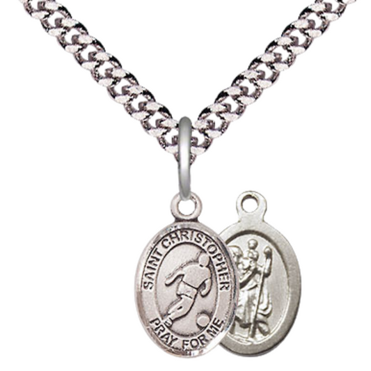 Small Sized Men's Pewter Saint St. Christopher Soccer Medal Pendant on 24 Inch Endless Rhodium Plated Heavy Curb Brass Chain, Catholic Religious Necklace - Made in USA- Deluxe Velvet Gift Box