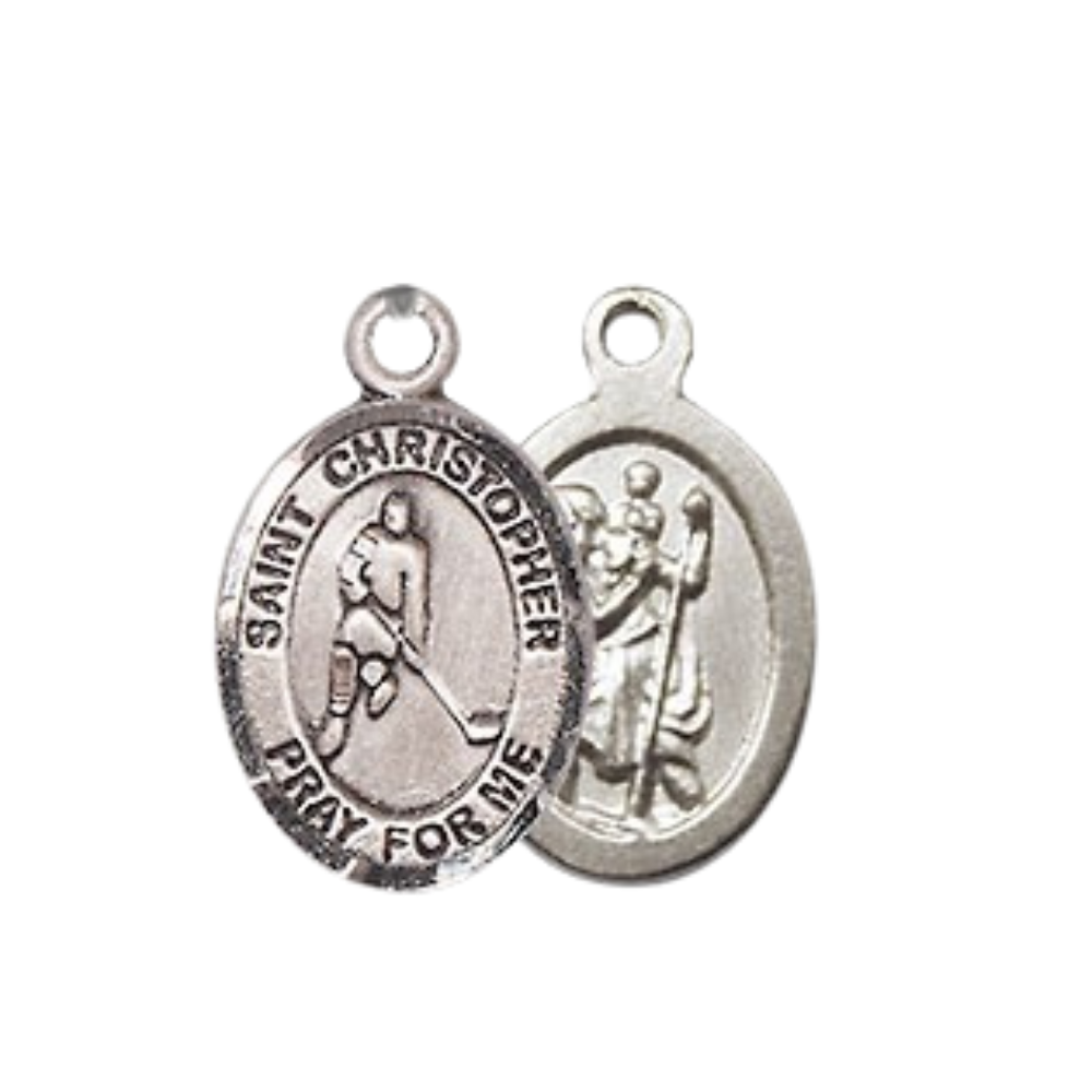 Small Sized Women's .925 Sterling Silver Saint St. Christopher Ice Hockey Medal Pendant on 18 Inch Rhodium Plated Lite Curb Brass Chain w/ Lobster Claw Clasp, Catholic Religious Necklace - Made in USA- Velvet Gift Box