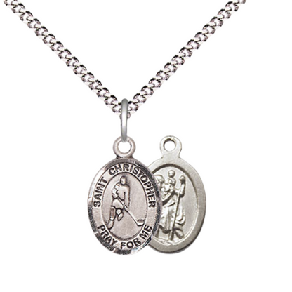 Small Sized Women's Pewter Saint St. Christopher Ice Hockey Medal Pendant on 18 Inch Rhodium Plated Lite Curb Brass Chain with Lobster Claw Clasp, Catholic Religious Necklace - Made in USA- Velvet Gift Box