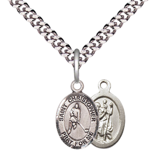 Small Sized Men's Pewter Saint St. Christopher Ice Hockey Medal Pendant on 24 Inch Endless Rhodium Plated Heavy Curb Brass Chain, Catholic Religious Necklace - Made in USA- Deluxe Velvet Gift Box