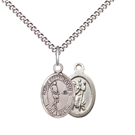 Small Sized Women's Pewter Saint St. Christopher Tennis Medal Pendant on 18 Inch Rhodium Plated Lite Curb Brass Chain with Lobster Claw Clasp, Catholic Religious Necklace - Made in USA- Velvet Gift Box
