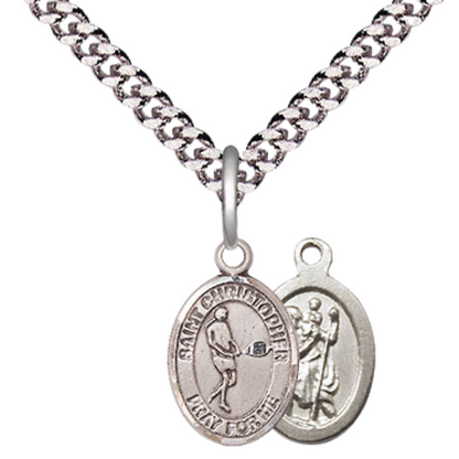 Small Sized Men's .925 Sterling Silver Saint St. Christopher Tennis Medal Pendant on 24 Inch Endless Rhodium Plated Heavy Curb Brass Chain, Catholic Religious Necklace - Made in USA- Deluxe Velvet Gift Box