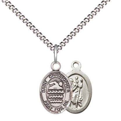 Small Sized Women's .925 Sterling Silver Saint St. Christopher Swimming Medal Pendant on 18 Inch Rhodium Plated Lite Curb Brass Chain w/ Lobster Claw Clasp, Catholic Religious Necklace - Made in USA- Velvet Gift Box