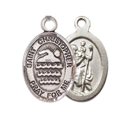 Small Sized Women's Pewter Saint Christopher Swimming Medal Pendant on 18 Inch Rhodium Plated Lite Curb Brass Chain with Lobster Claw Clasp, Catholic Religious Necklace - Made in USA- Velvet Gift Box