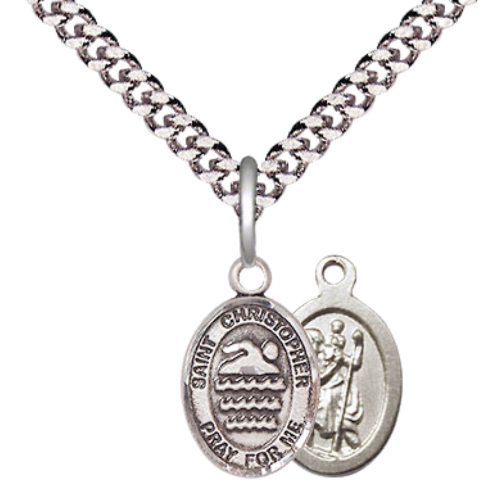 Small Sized Men's Pewter Saint St. Christopher Swimming Medal Pendant on 24 Inch Endless Rhodium Plated Heavy Curb Brass Chain, Catholic Religious Necklace - Made in USA- Deluxe Velvet Gift Box