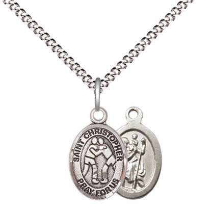 Small Sized Women's Pewter Saint St. Christopher Wrestling Medal Pendant on 18 Inch Rhodium Plated Lite Curb Brass Chain with Lobster Claw Clasp, Catholic Religious Necklace - Made in USA- Velvet Gift Box