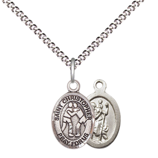 Small Sized Women's Pewter Saint St. Christopher Wrestling Medal Pendant on 18 Inch Rhodium Plated Lite Curb Brass Chain with Lobster Claw Clasp, Catholic Religious Necklace - Made in USA- Velvet Gift Box