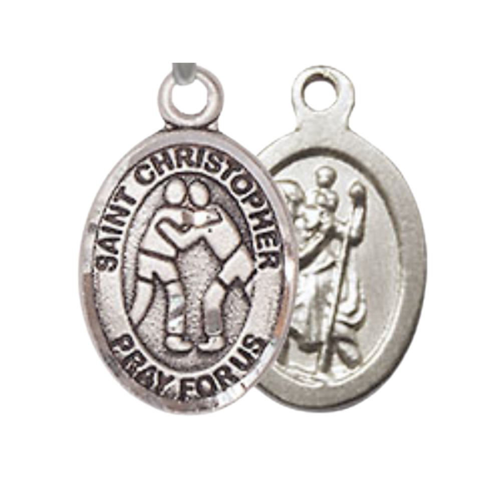 Small Sized Women's Pewter Saint St. Christopher Wrestling Medal Pendant on 18 Inch Rhodium Plated Lite Curb Brass Chain with Lobster Claw Clasp, Catholic Religious Necklace - Made in USA- Velvet Gift Box