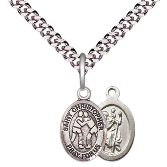 Small Sized Men's Pewter Saint St. Christopher Wrestling Medal Pendant on 24 Inch Endless Rhodium Plated Heavy Curb Brass Chain, Catholic Religious Necklace - Made in USA- Deluxe Velvet Gift Box
