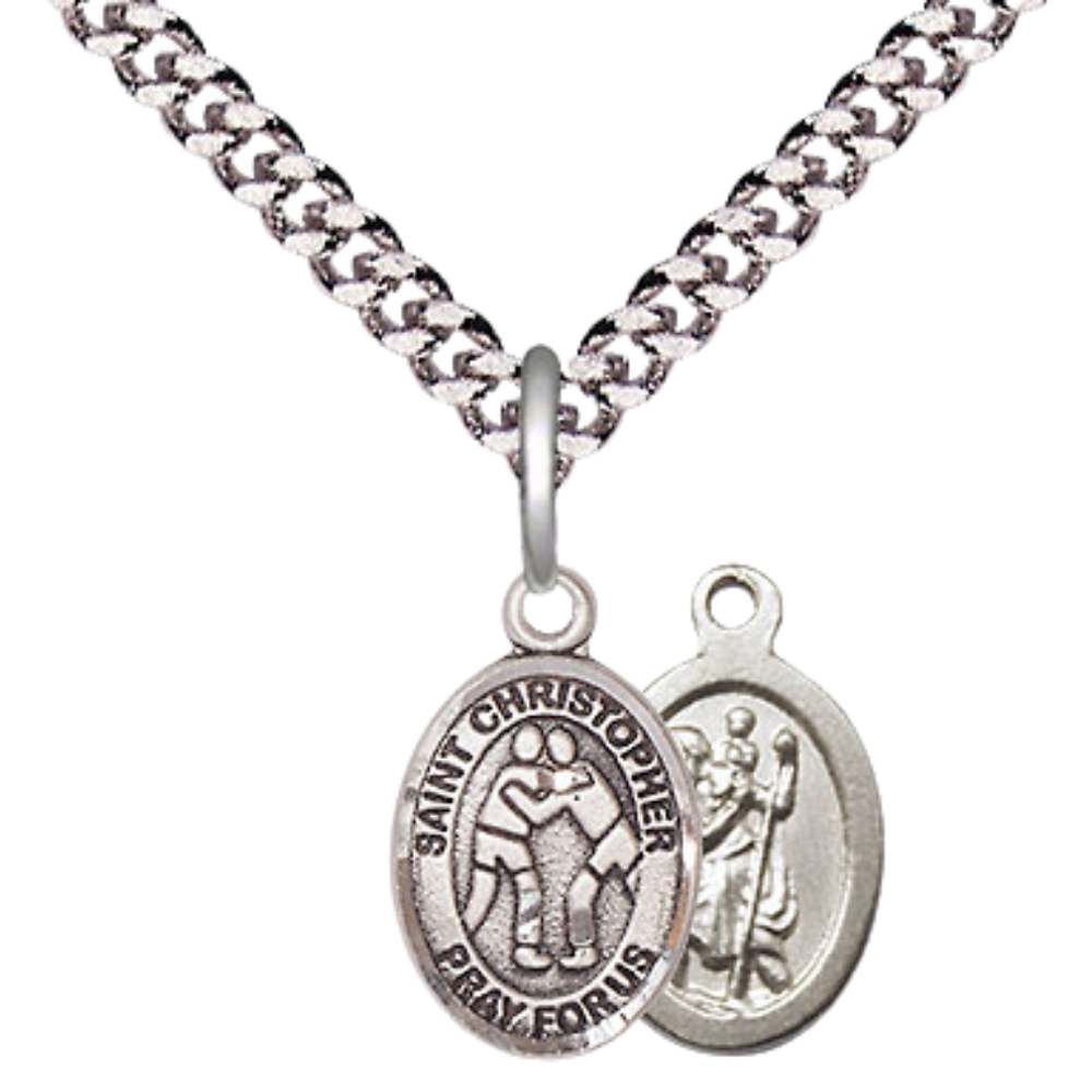 Small Sized Men's Pewter Saint St. Christopher Wrestling Medal Pendant on 24 Inch Endless Rhodium Plated Heavy Curb Brass Chain, Catholic Religious Necklace - Made in USA- Deluxe Velvet Gift Box