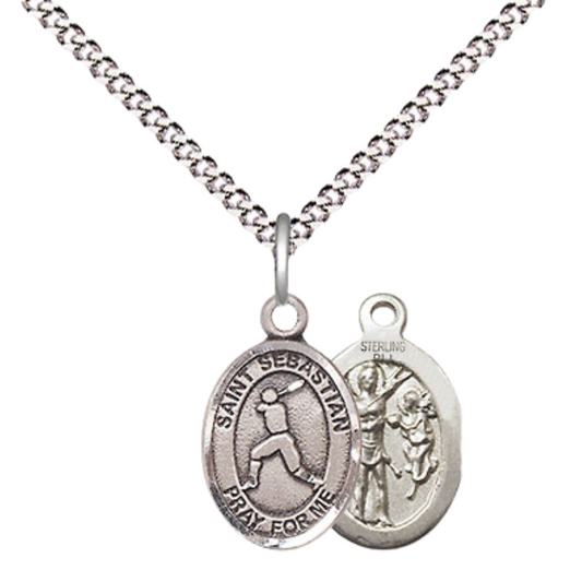 Small Sized Women's .925 Sterling Silver Saint St. Sebastian Baseball Medal Pendant on 18 Inch Rhodium Plated Lite Curb Brass Chain w/ Lobster Claw Clasp, Catholic Religious Necklace - Made in USA- Velvet Gift Box