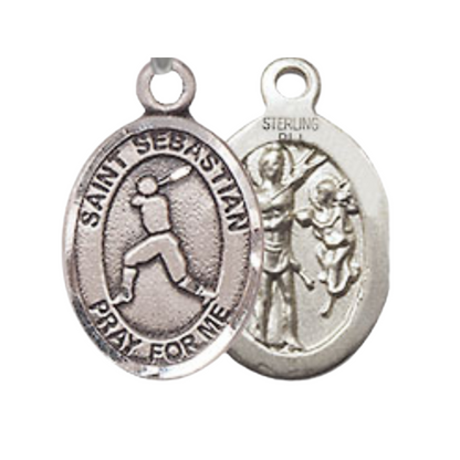 Small Sized Women's .925 Sterling Silver Saint St. Sebastian Baseball Medal Pendant on 18 Inch Rhodium Plated Lite Curb Brass Chain w/ Lobster Claw Clasp, Catholic Religious Necklace - Made in USA- Velvet Gift Box