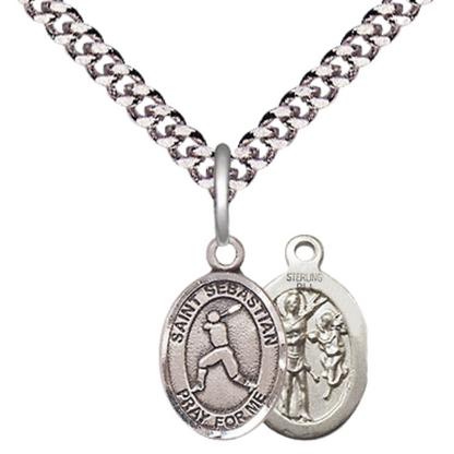 Small Sized Men's Pewter Saint St. Sebastian Baseball Medal Pendant on 24 Inch Endless Rhodium Plated Heavy Curb Brass Chain, Catholic Religious Necklace - Made in USA- Deluxe Velvet Gift Box