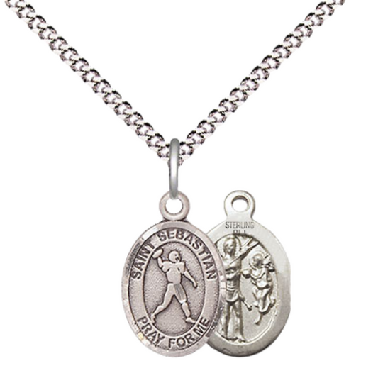 Small Sized Women's Pewter Saint St. Sebastian Football Medal Pendant on 18 Inch Rhodium Plated Lite Curb Brass Chain with Lobster Claw Clasp, Catholic Religious Necklace - Made in USA- Velvet Gift Box