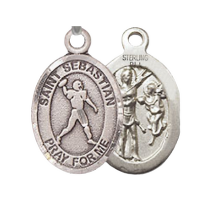Small Sized Men's .925 Sterling Silver Saint St. Sebastian Football Medal Pendant on 24 Inch Endless Rhodium Plated Heavy Curb Brass Chain, Catholic Religious Necklace - Made in USA- Deluxe Velvet Gift Box