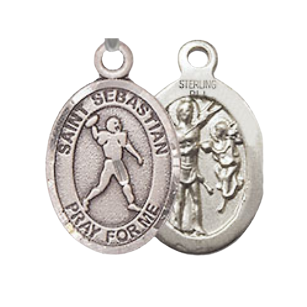 Small Sized Women's .925 Sterling Silver Saint St. Sebastian Football Medal Pendant on 18 Inch Rhodium Plated Lite Curb Brass Chain w/ Lobster Claw Clasp, Catholic Religious Necklace - Made in USA- Velvet Gift Box