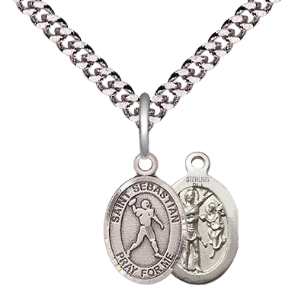 Small Sized Men's .925 Sterling Silver Saint St. Sebastian Football Medal Pendant on 24 Inch Endless Rhodium Plated Heavy Curb Brass Chain, Catholic Religious Necklace - Made in USA- Deluxe Velvet Gift Box