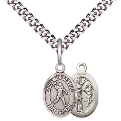 Small Sized Men's Pewter Saint St. Sebastian Football Medal Pendant on 24 Inch Endless Rhodium Plated Heavy Curb Brass Chain, Catholic Religious Necklace - Made in USA- Deluxe Velvet Gift Box