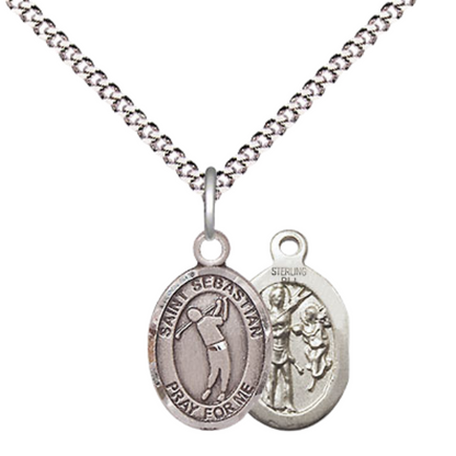 Small Sized Women's Pewter Saint St. Sebastian Golf Medal Pendant on 18 Inch Rhodium Plated Lite Curb Brass Chain with Lobster Claw Clasp, Catholic Religious Necklace - Made in USA- Velvet Gift Box