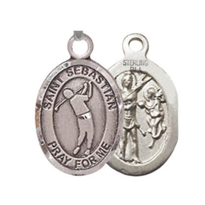Small Sized Women's Pewter Saint St. Sebastian Golf Medal Pendant on 18 Inch Rhodium Plated Lite Curb Brass Chain with Lobster Claw Clasp, Catholic Religious Necklace - Made in USA- Velvet Gift Box
