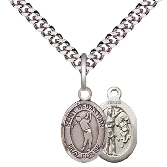 Small Sized Men's Pewter Saint St. Sebastian Golf Medal Pendant on 24 Inch Endless Rhodium Plated Heavy Curb Brass Chain, Catholic Religious Necklace - Made in USA- Deluxe Velvet Gift Box