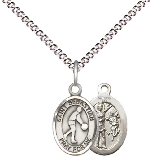 Small Sized Women's Pewter Saint St. Sebastian Basketball Medal Pendant on 18 Inch Rhodium Plated Lite Curb Brass Chain with Lobster Claw Clasp, Catholic Religious Necklace - Made in USA- Velvet Gift Box