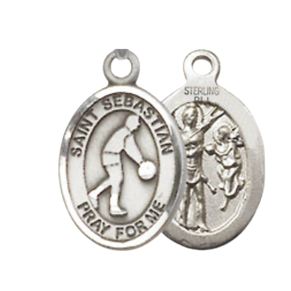 Small Sized Women's Pewter Saint St. Sebastian Basketball Medal Pendant on 18 Inch Rhodium Plated Lite Curb Brass Chain with Lobster Claw Clasp, Catholic Religious Necklace - Made in USA- Velvet Gift Box