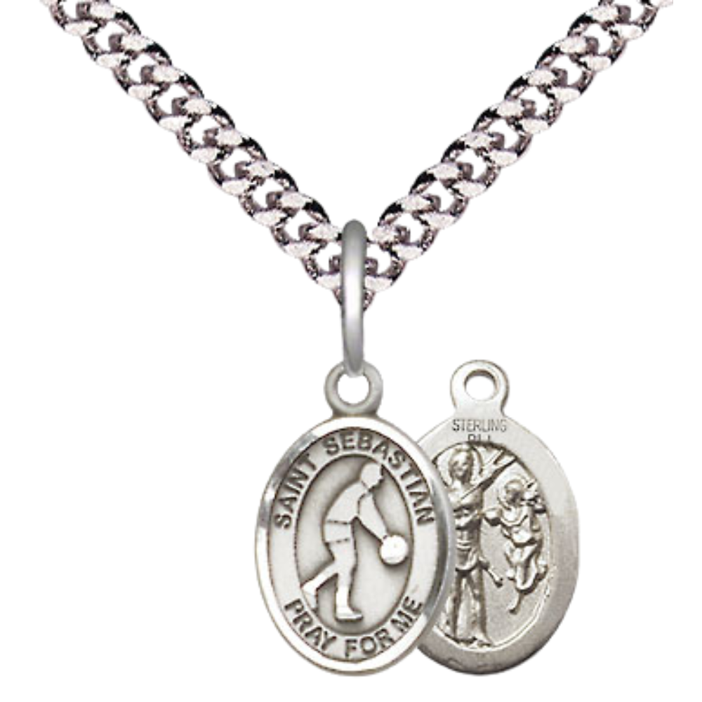 Small Sized Men's Pewter Saint St. Sebastian Basketball Medal Pendant on 24 Inch Endless Rhodium Plated Heavy Curb Brass Chain, Catholic Religious Necklace - Made in USA- Deluxe Velvet Gift Box