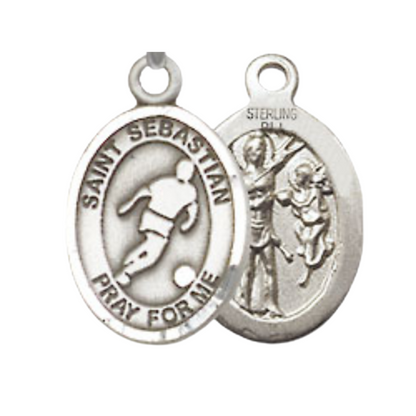 Small Sized Women's .925 Sterling Silver Saint Sebastian Soccer Medal Pendant on 18 Inch Rhodium Plated Lite Curb Brass Chain with Lobster Claw Clasp, Catholic Religious Necklace - Made in USA- Velvet Gift Box
