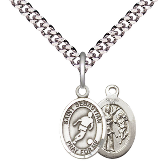 Small Sized Men's .925 Sterling Silver Saint St. Sebastian Soccer Medal Pendant on 24 Inch Endless Rhodium Plated Heavy Curb Brass Chain, Catholic Religious Necklace - Made in USA- Deluxe Velvet Gift Box