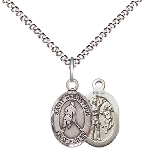 Small Sized Women's Pewter Saint St. Sebastian Ice Hockey Medal Pendant on 18 Inch Rhodium Plated Lite Curb Brass Chain with Lobster Claw Clasp, Catholic Religious Necklace - Made in USA- Velvet Gift Box