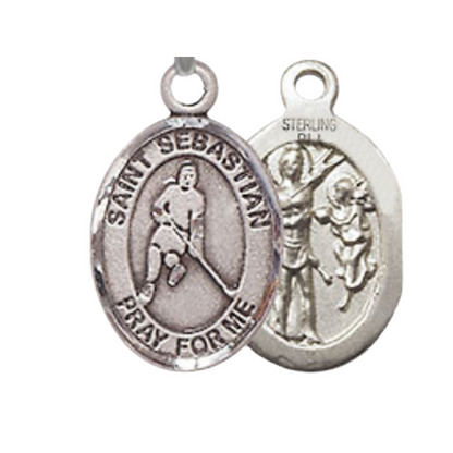 Small Sized Women's .925 Sterling Silver Saint St. Sebastian Ice Hockey Medal Pendant on 18 Inch Rhodium Plated Lite Curb Brass Chain w/ Lobster Claw Clasp, Catholic Religious Necklace - Made in USA- Velvet Gift Box