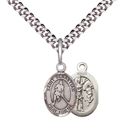 Small Sized Men's Pewter Saint St. Sebastian Ice Hockey Medal Pendant on 24 Inch Endless Rhodium Plated Heavy Curb Brass Chain, Catholic Religious Necklace - Made in USA- Deluxe Velvet Gift Box